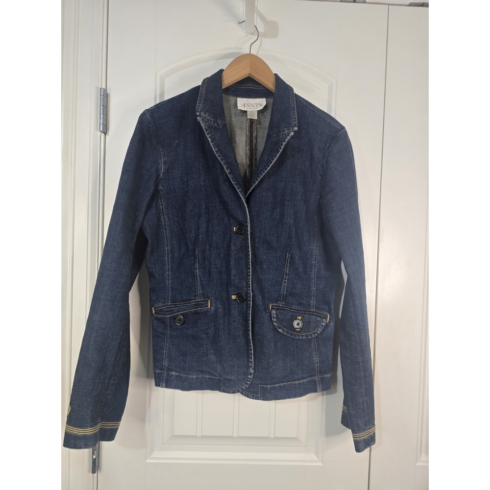 Casual Corner Annex Dark Wash Stretch Denim Blazer Embroidered Cuffs Size M‎